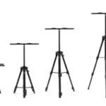Black tripod lighting stands diagram isolated on plain white background