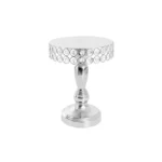 Round silver cake stand embellished with sparkling crystals.
