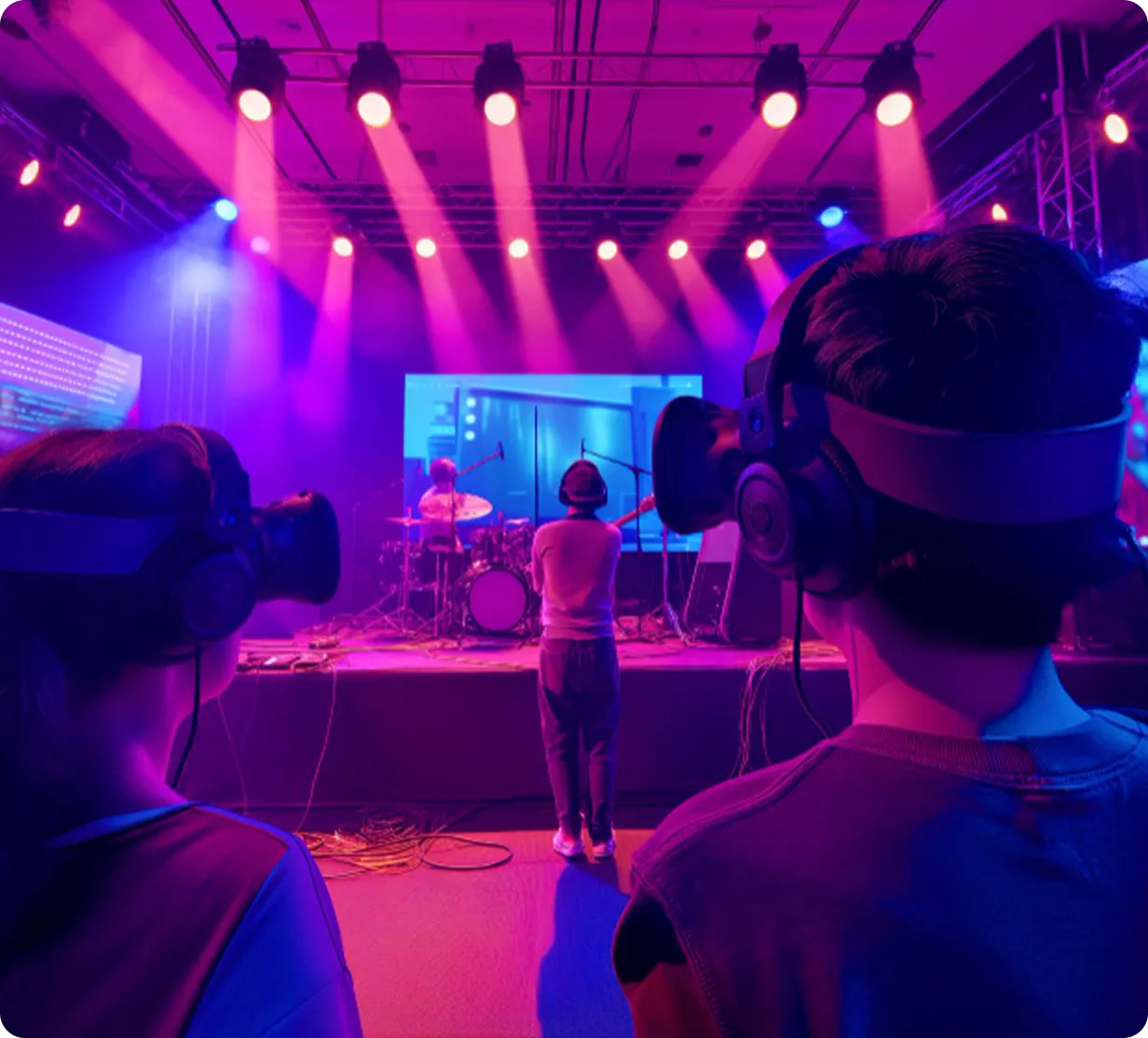 Stage set up with vibrant pink production spotlights glowing