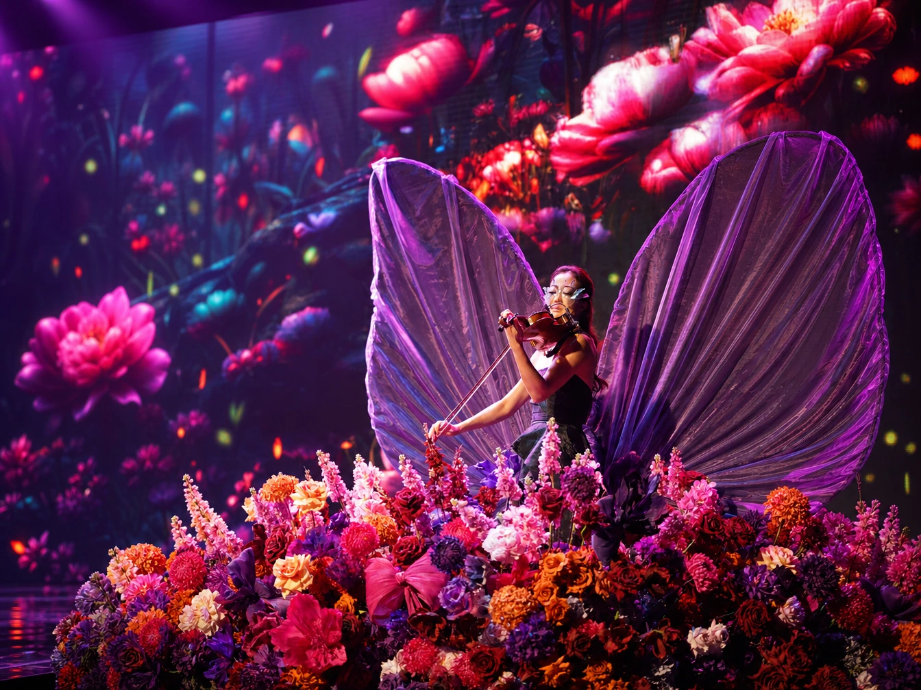 Female violinist with butterfly wings playing on a floral stage.