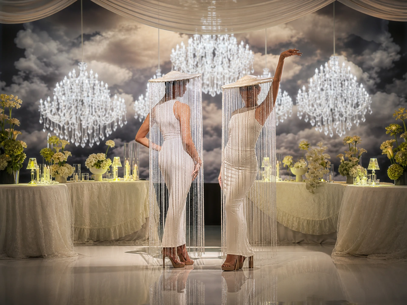 Models wearing white dresses and fringed tassel hats posing indoors.