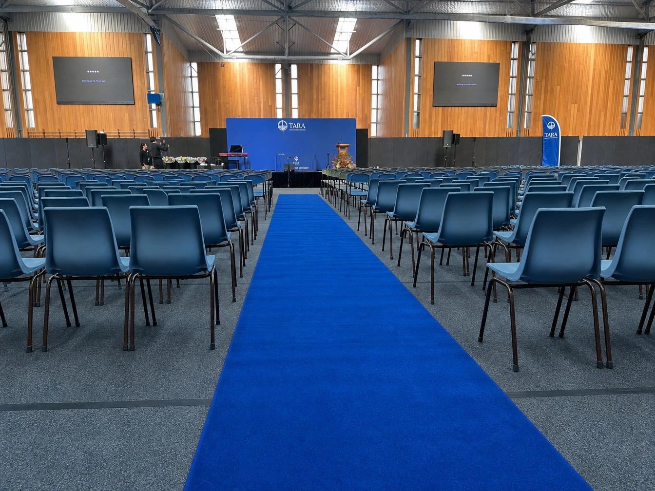 Corporate conference hall featuring blue carpet aisle and blue seating