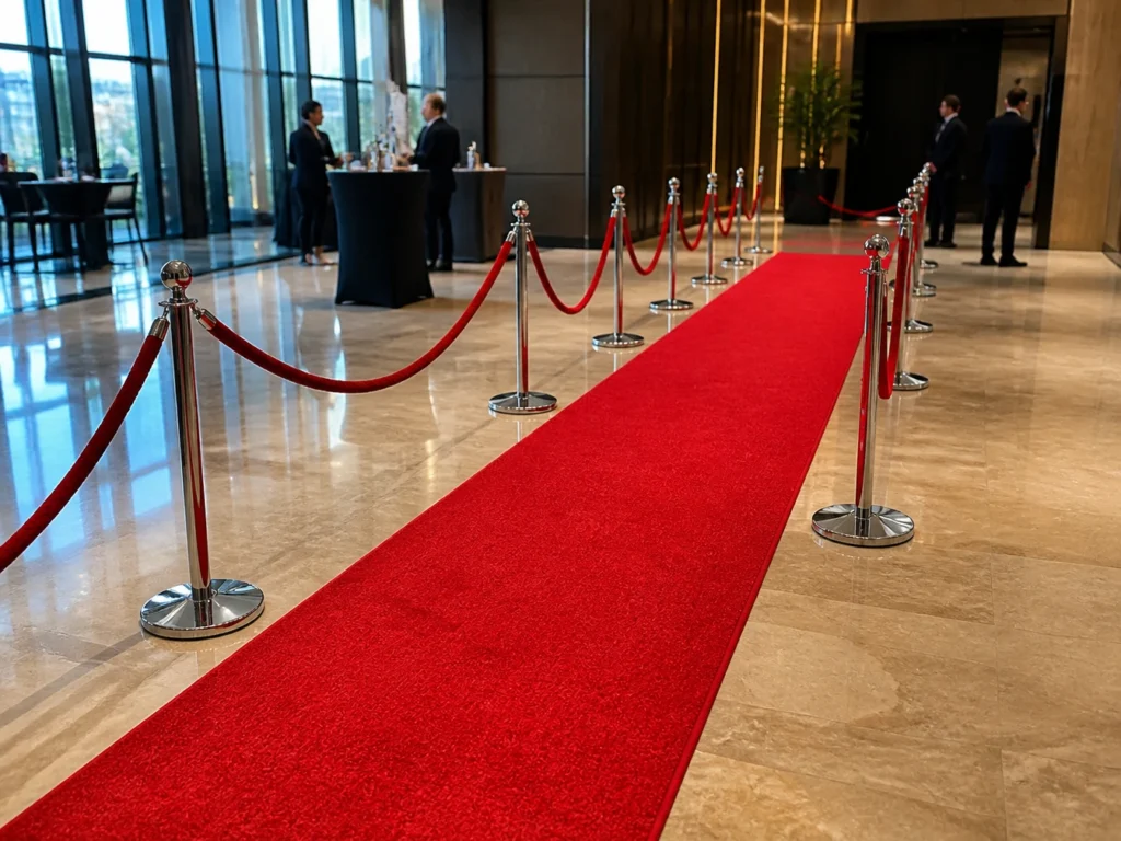 Perspective view of red carpet runner with silver stanchions layout