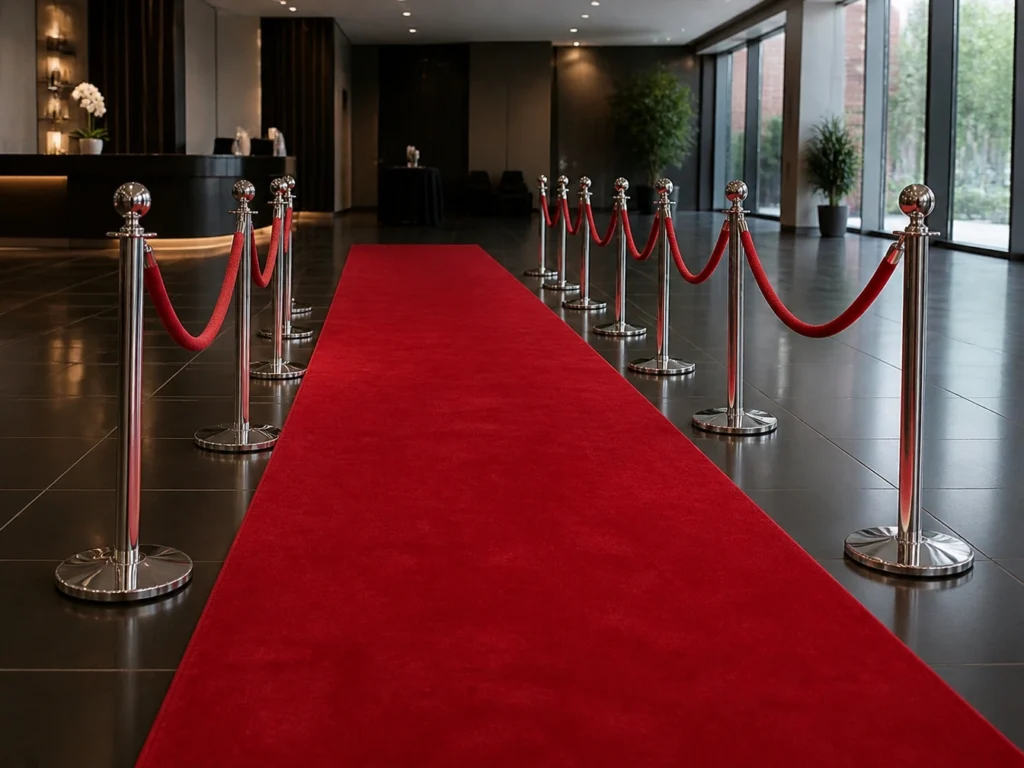 Red carpet entrance runner flanked by gold stanchion posts indoors