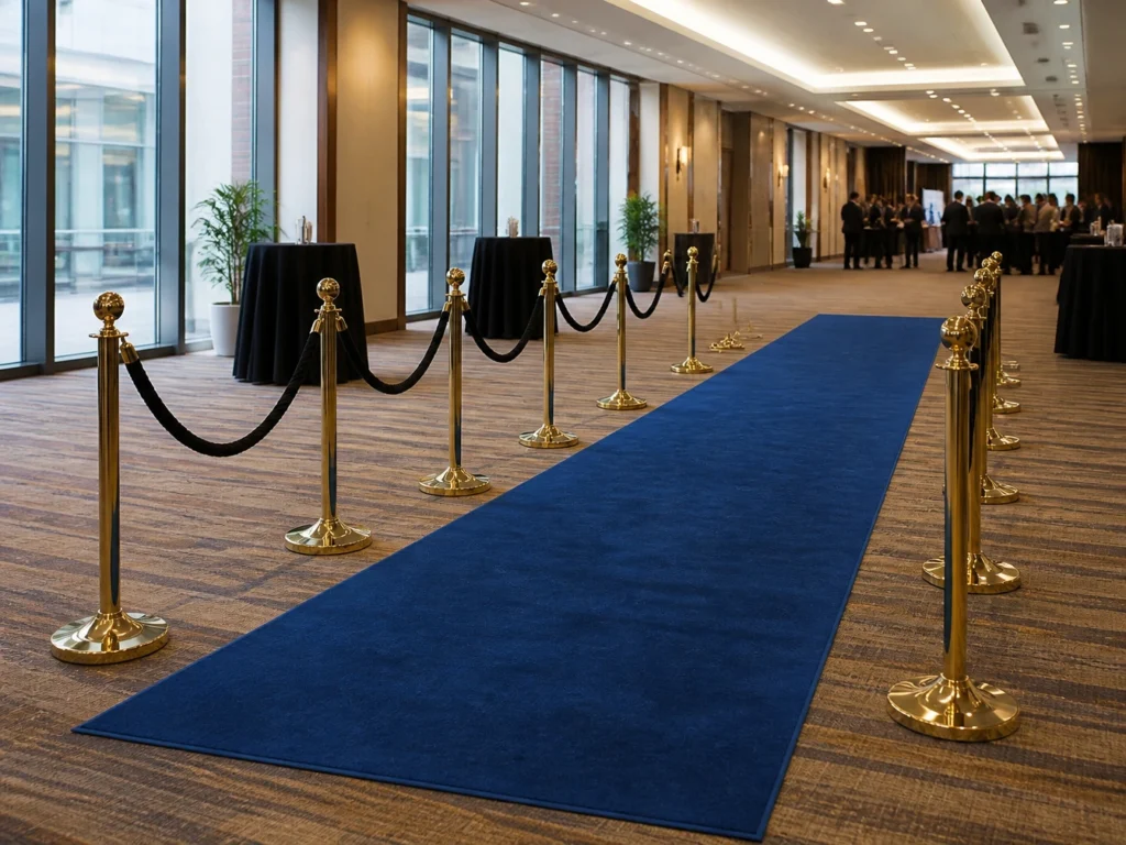 Blue carpet runner path laid out inside venue hall corridor.