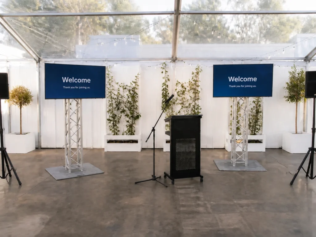 Exhibition hall space with branded booth displays and overhead banner signage.