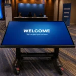 Large digital touch screen table displaying blue welcome screen interface