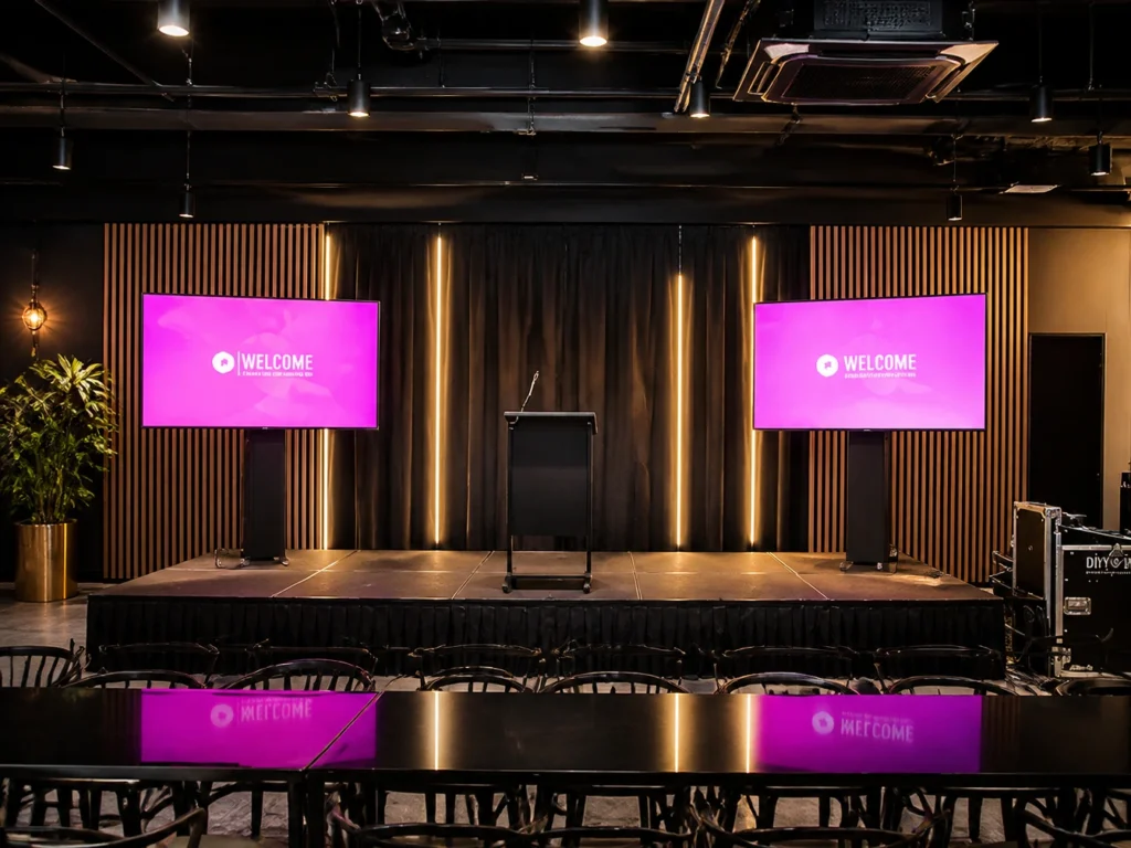 Stage setup with pink backdrop panels and integrated digital screens.