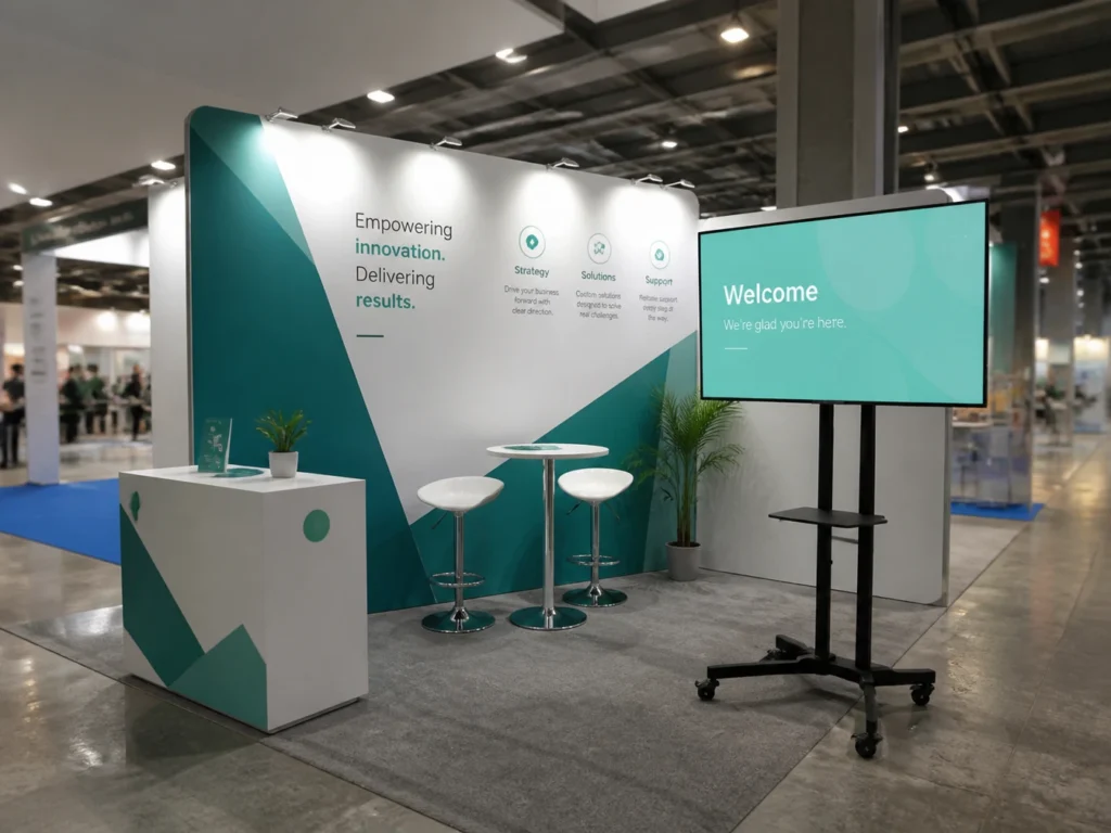 Modular exhibition display booth setup with branded graphic backdrops.