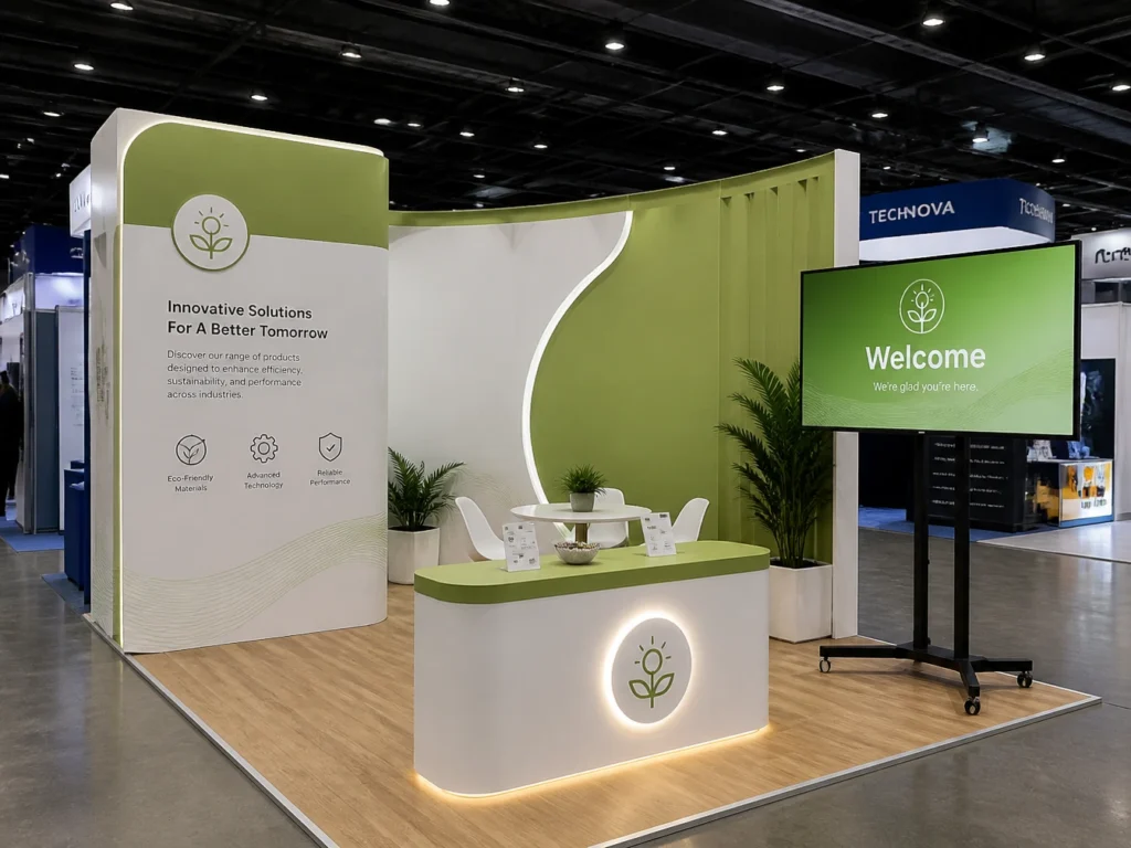 Tradeshow booth featuring curved organic wall design and presentation screens.