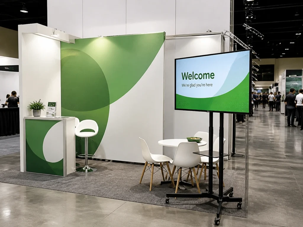 Exhibition booth setup featuring curved backdrop panels and screen displays.