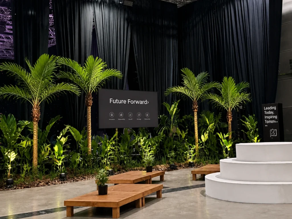 Palm tree stage décor with black draping