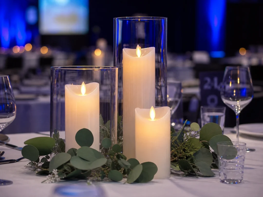 Close-up of lit pillar candles on elegant event table