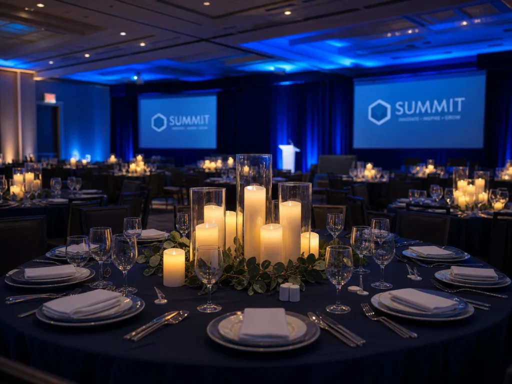 Banquet room setup with blue lighting and screen displays