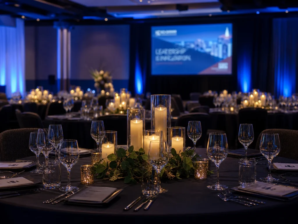 Corporate dinner tables set up near illuminated presentation screen