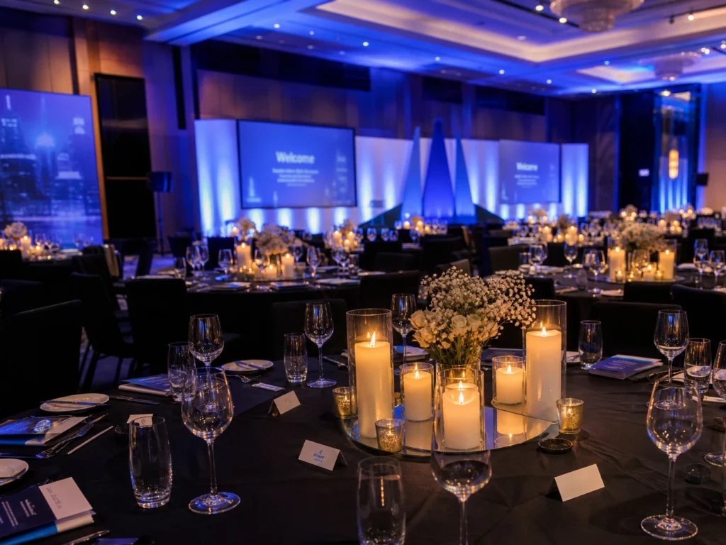 Formal event reception hall setup with blue ambient lighting