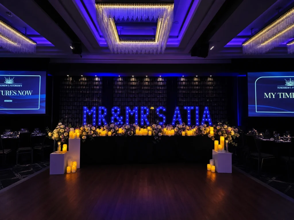 Dimly lit event hall with blue illuminated stage backdrop setup.
