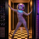Performer wearing sparkly jumpsuit and disco ball head striking pose