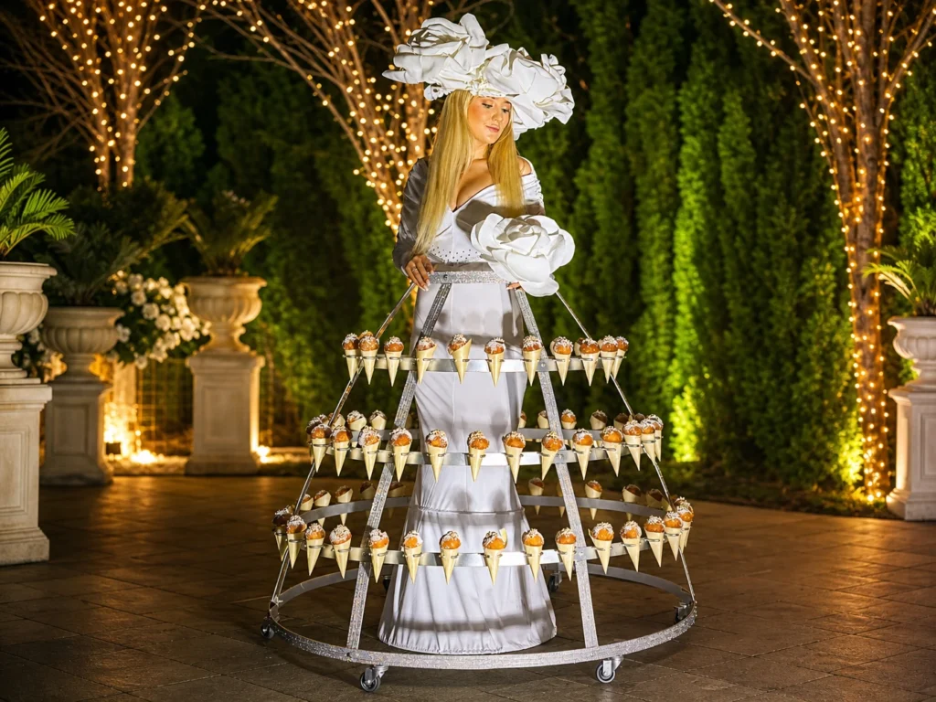 Woman in white dress with ice cream cone tier skirt