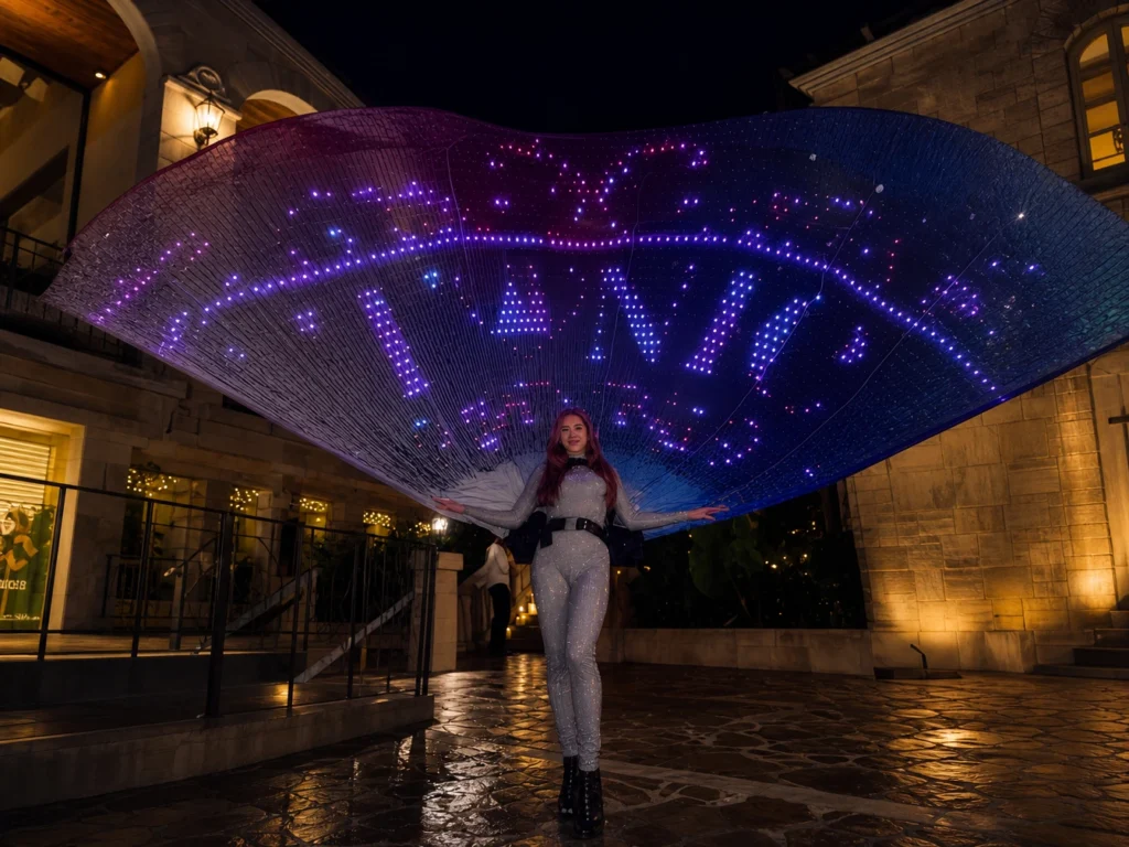 Performer wearing glowing LED peacock fan costume outdoors at night