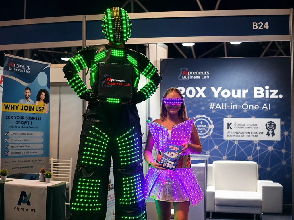 LED stilt walker and performer in glowing illuminated dress