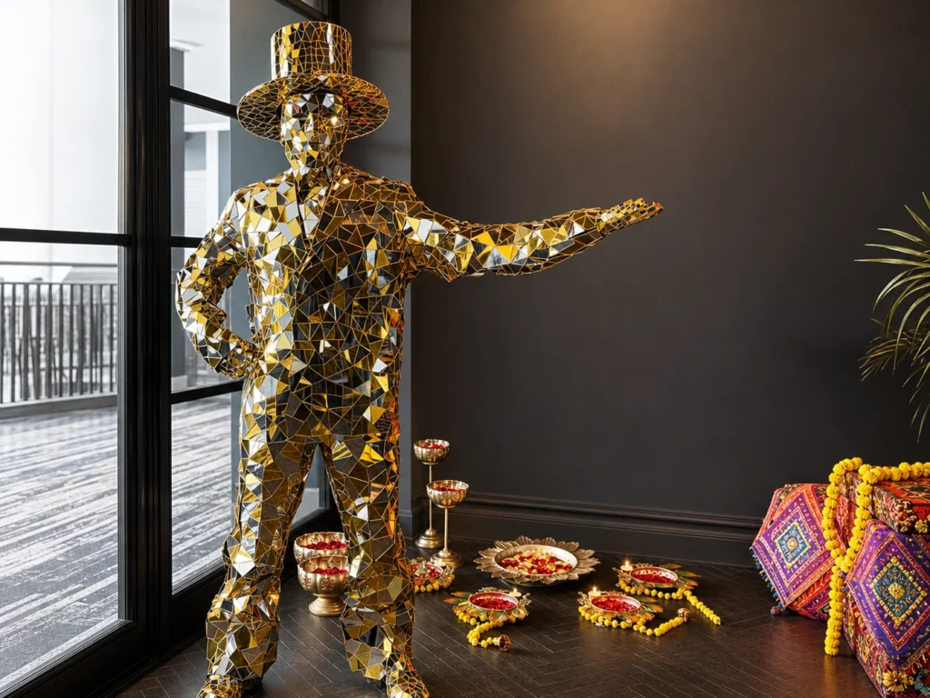 Performer in gold mirror suit pointing next to decorations.