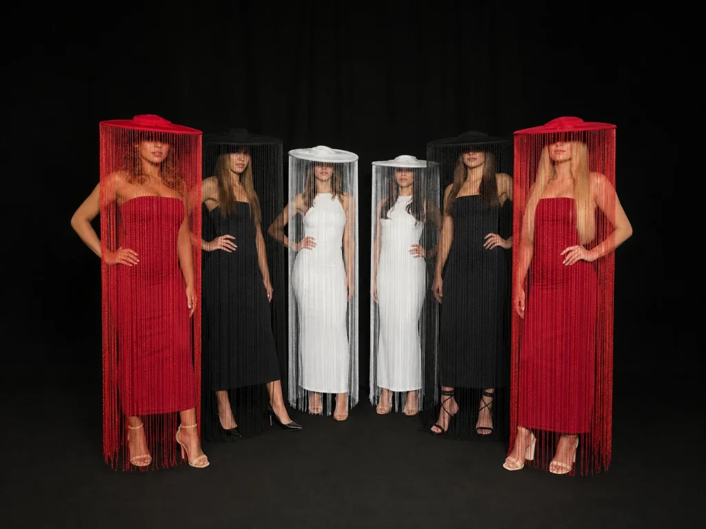 Models posing in matching dresses and fringed tassel lampshade hats.
