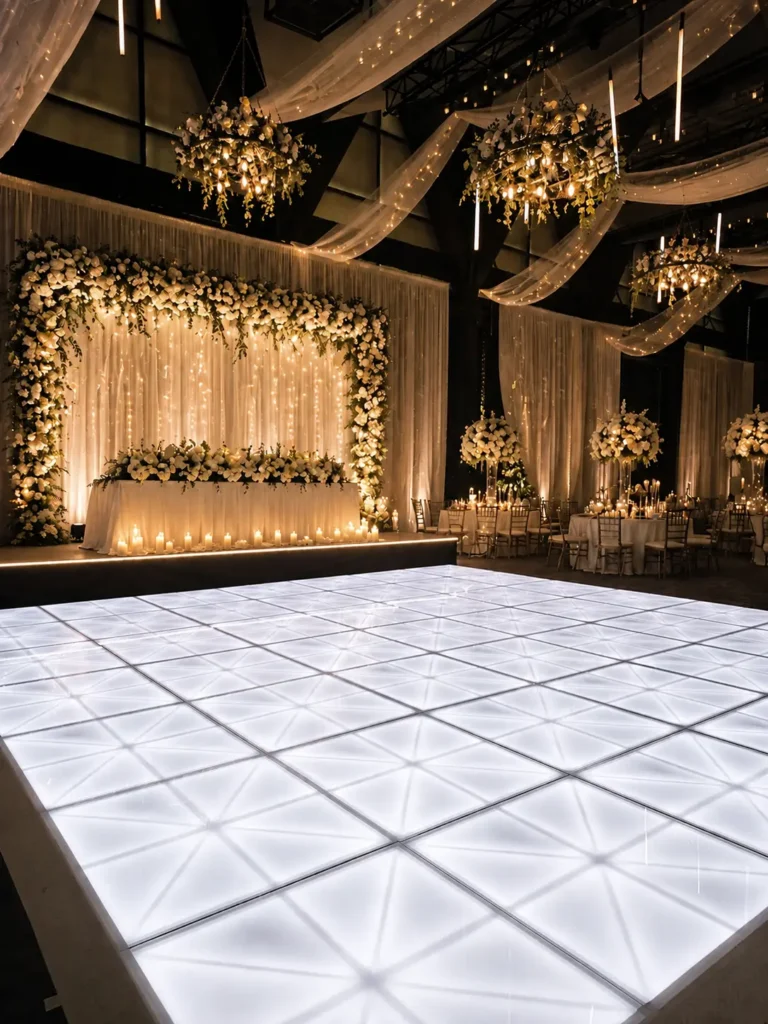 White LED dance floor setup inside warm decorated venue