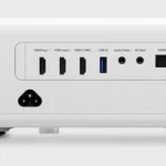 Rear connectivity ports on white ultra short throw projector