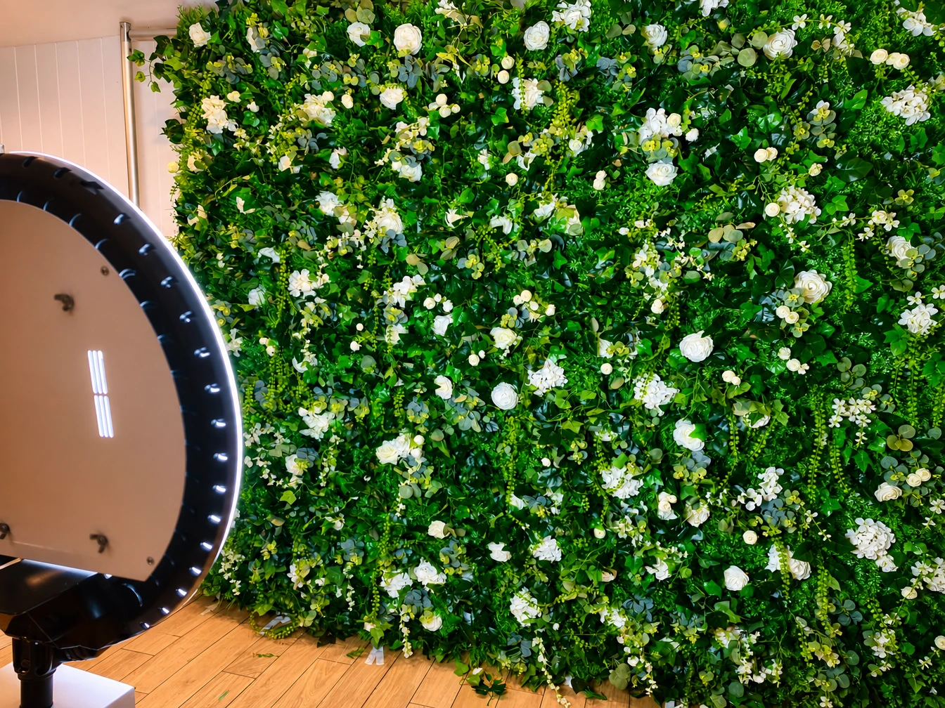 Dense artificial boxwood green hedge backdrop wall setup for events