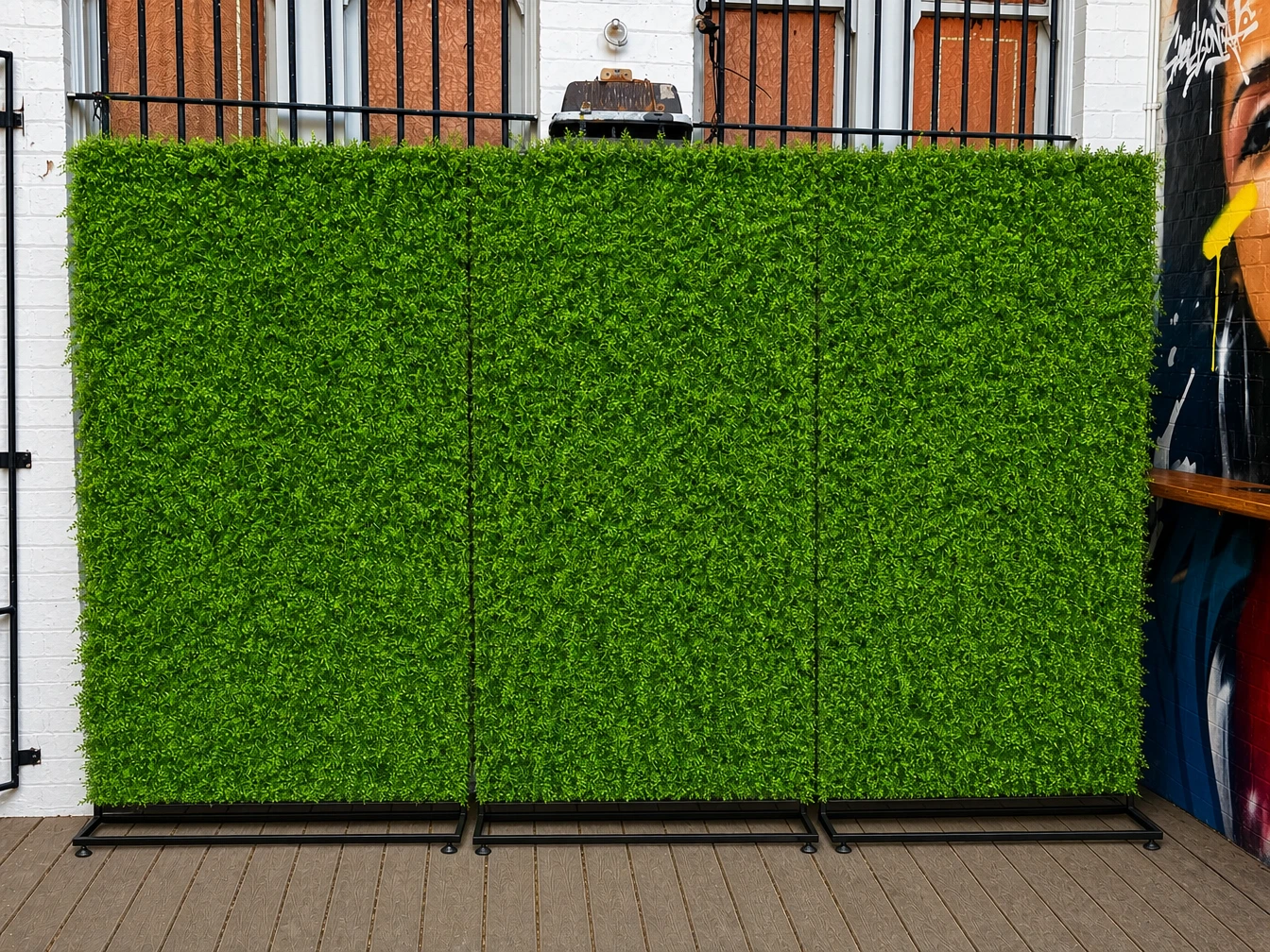 Green boxwood hedge backdrop wall panel set up for events.