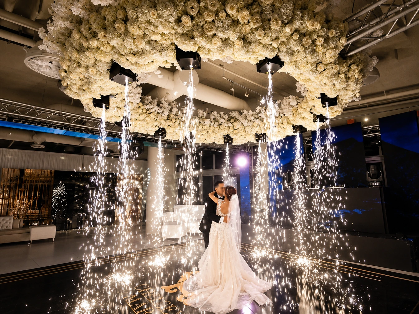 Wedding entrance with cold spark fountains