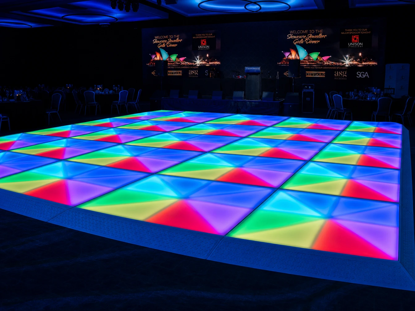 Vibrant multi-colored illuminated LED dance floor