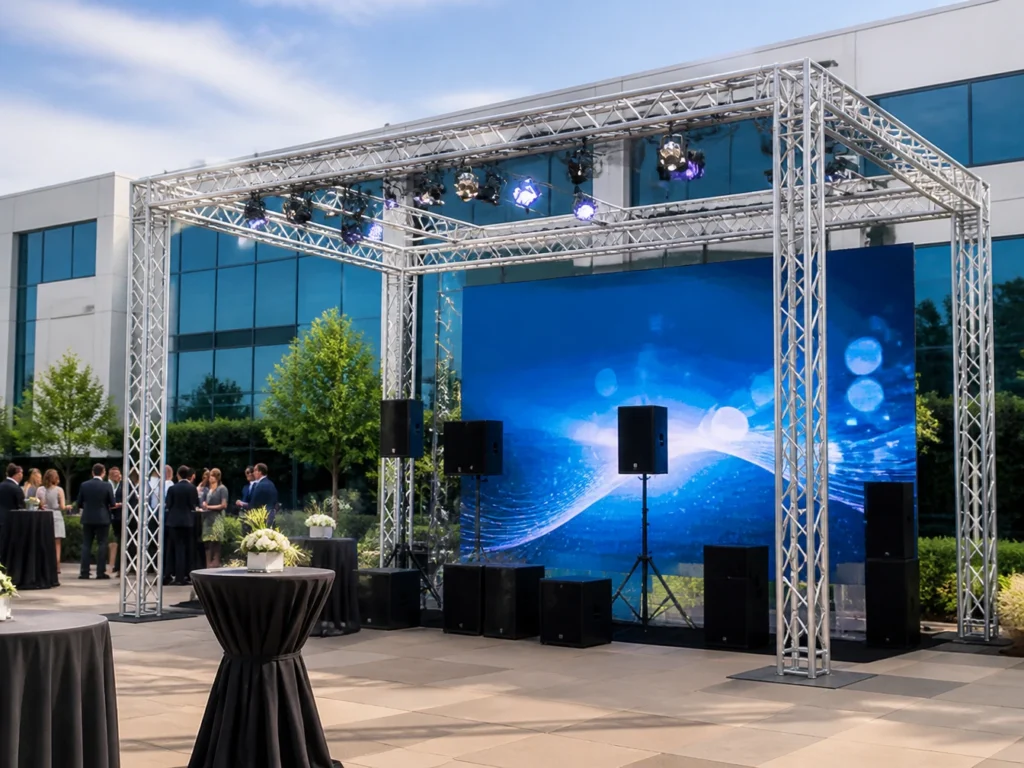 Large metal stage truss frame structure installed outdoors for event setup.