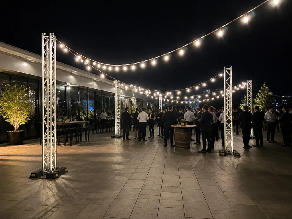 Outdoor venue space decorated with warm hanging string fairy light canopy.