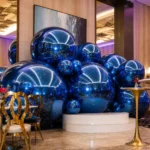 Blue decorative sphere display in lobby