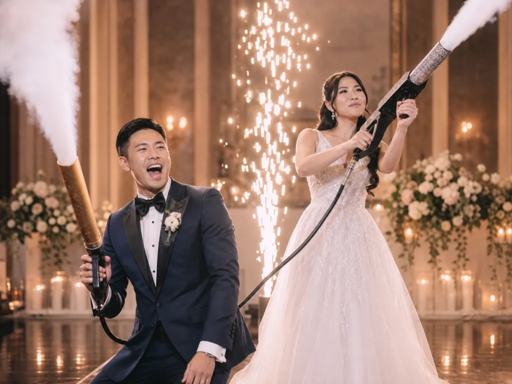 Wedding couple with indoor spark effects