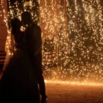 Couple embracing during romantic slow dance amidst golden sparkler fireworks