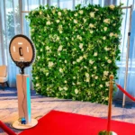 Green artificial hedge backdrop wall installed indoors beside ring light