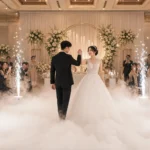 Wedding dance beneath floral backdrop