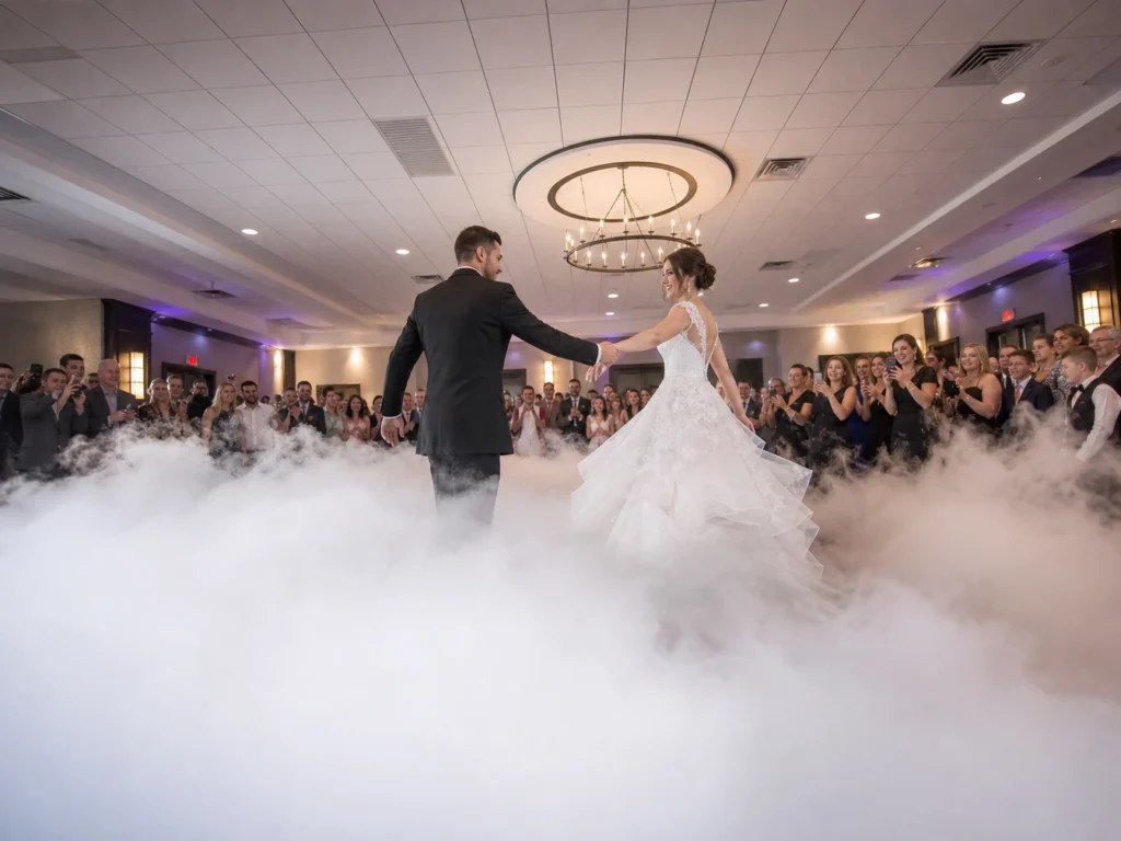 Wedding dance floor with chandelier backdrop