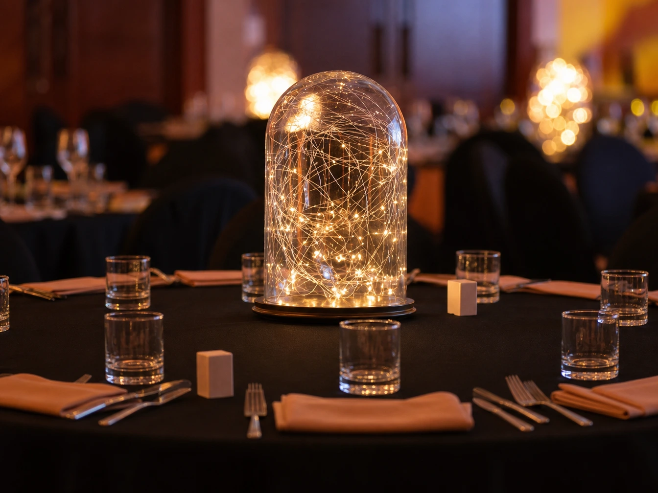 Clear glass cloche dome filled with warm glowing fairy lights