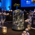 Clear glass cloche dome with fairy lights on dining table