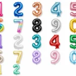 Number set of colorful foil number balloons displayed on white.