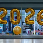 Gold foil "2020" number balloons displayed near window in venue.
