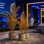 Palm leaf installation with blue event lighting