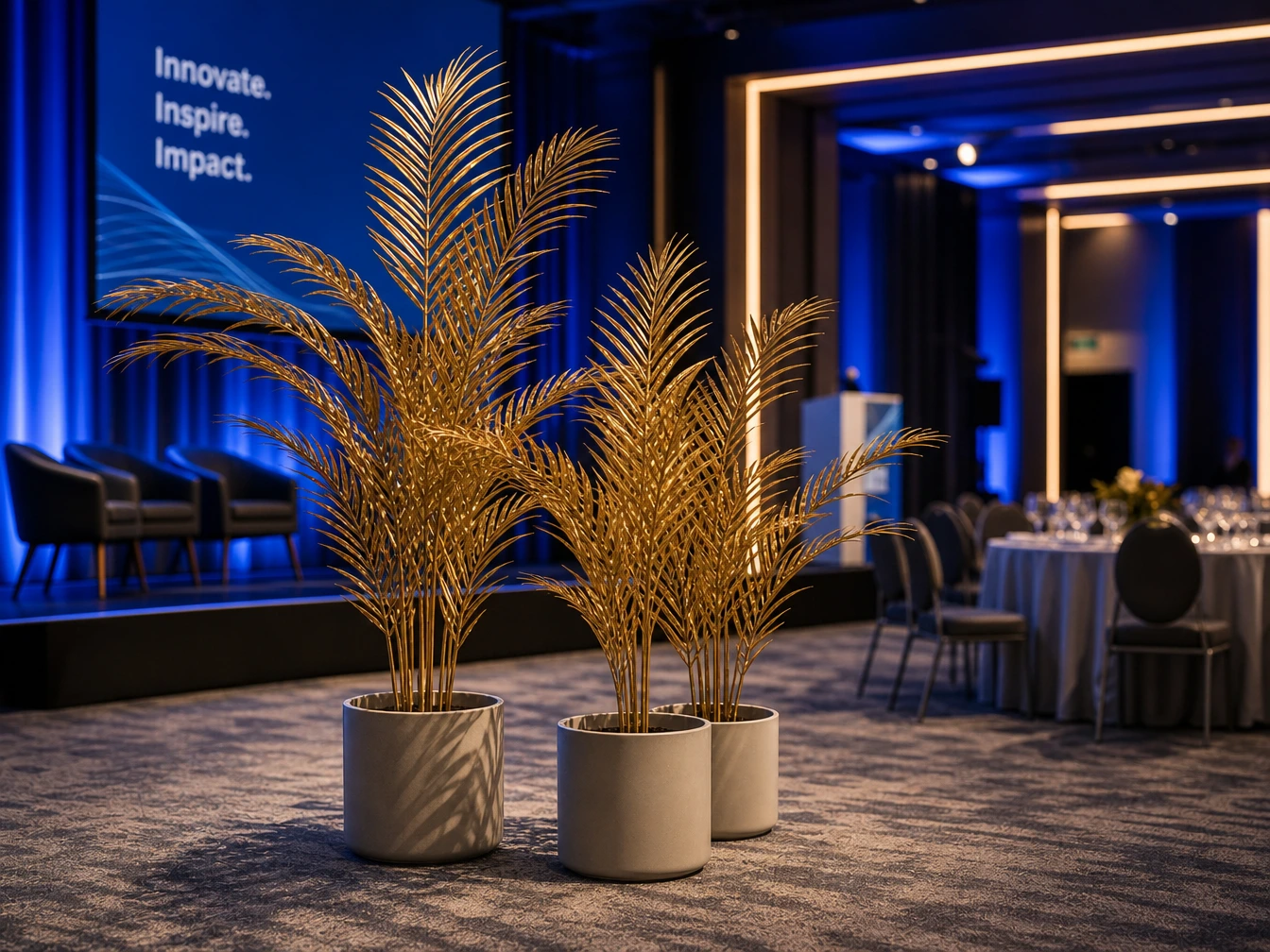 Palm leaf installation with blue event lighting