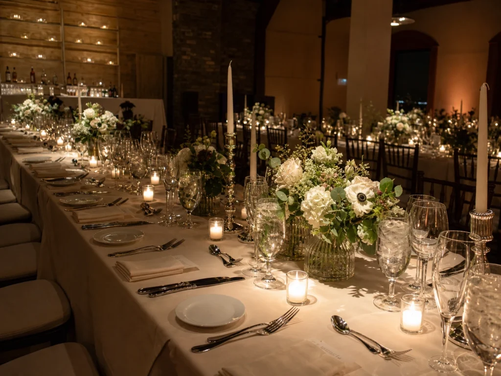 Banquet table decorated with flower arrangement and pinspot lighting
