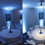 Before and after of pinspot lighting on table centerpieces