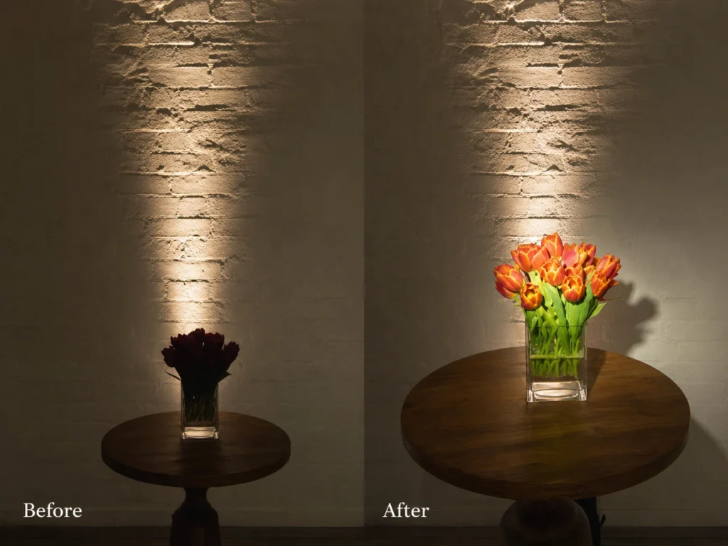 Before and after comparison of pinspot lighting on flowers